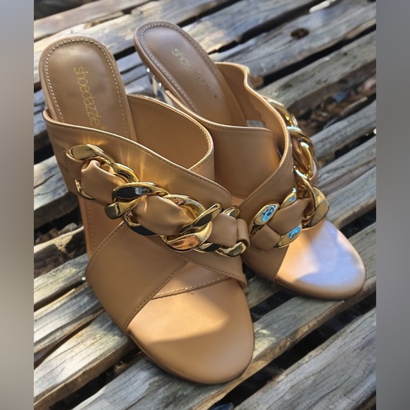 NEW WOMEN’S PLATFORM WEDGE OPEN TOE CHAIN EMBELLISHED HEELS SIZE 11 COLOR TAN - Picture 8 of 10